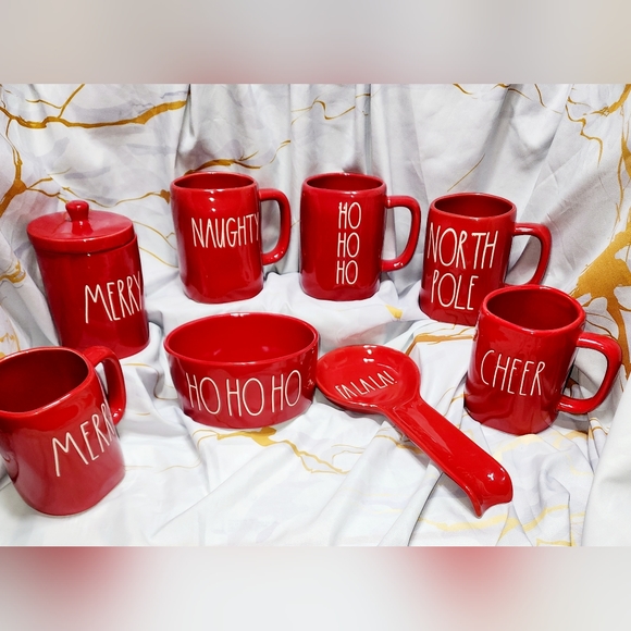 Rae Dunn set 8 Christmas Red Ceramic Coffe Mugs 16 Oz mugs sugar jar bowl exct - Picture 4 of 9